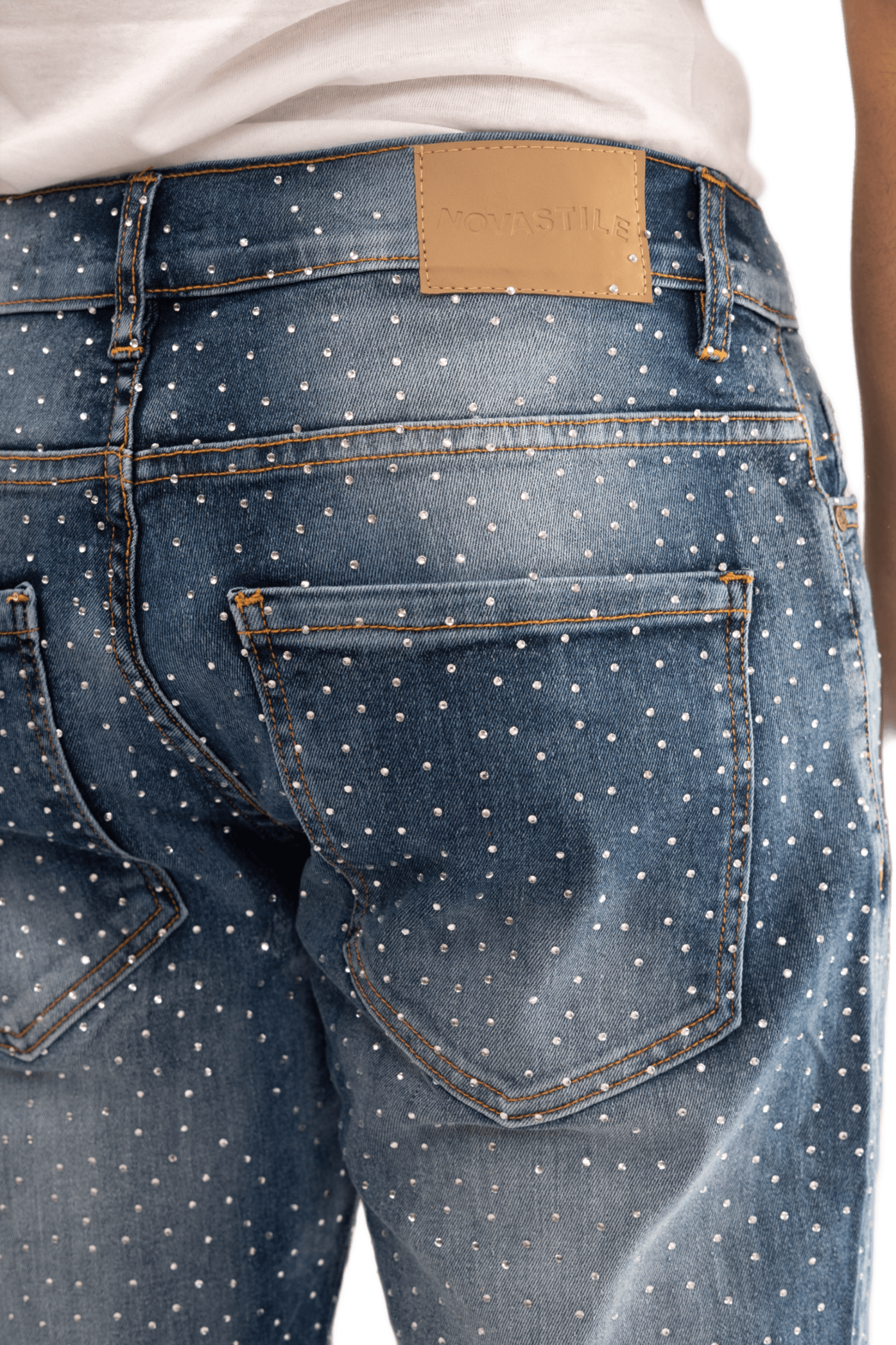 NOVASTILE Men's Rhinestone Ripped Straight Leg Stretch Jeans — Jeans by Novastile — thumbnail 4
