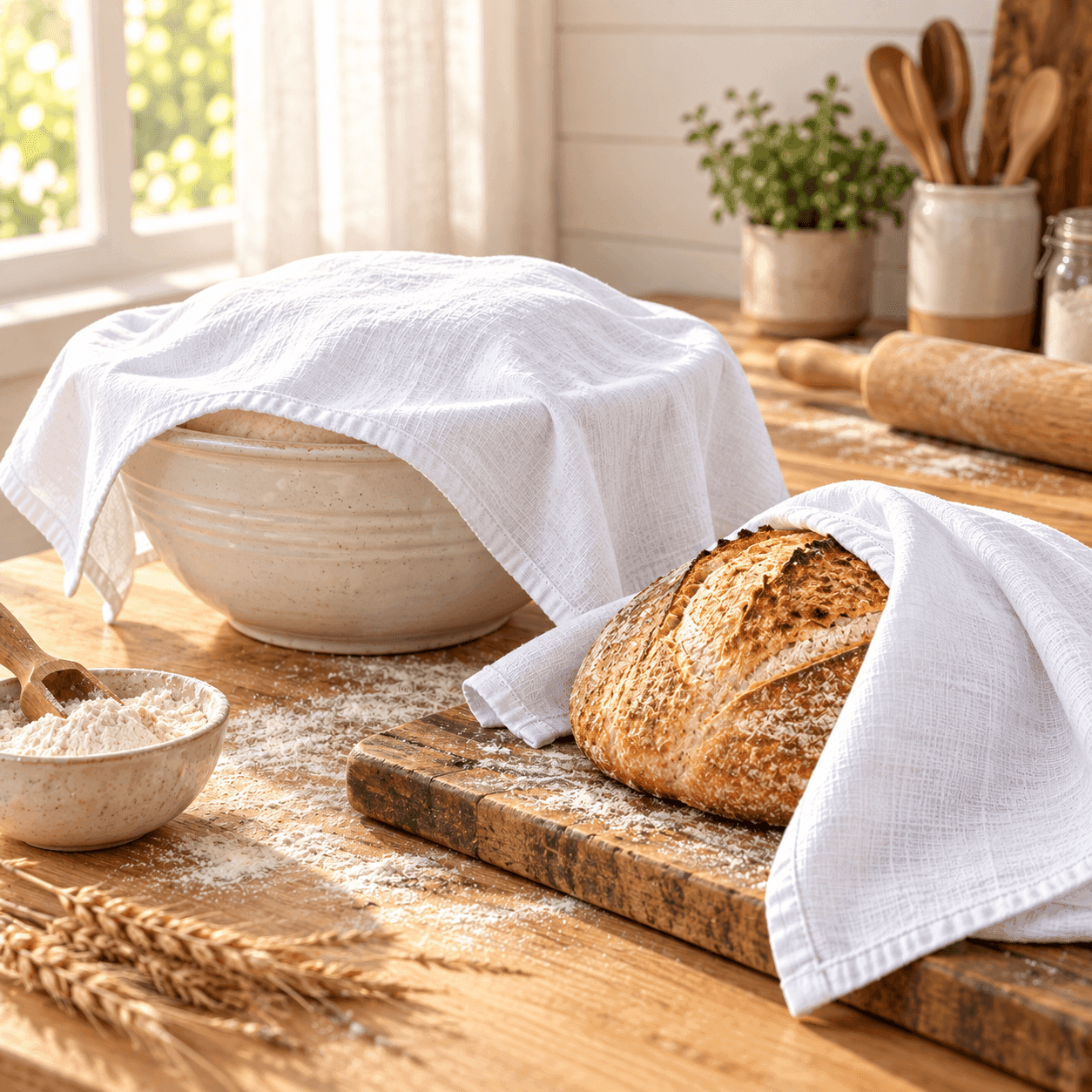 NOVASTILE flour sack towels covering a bread bowl in a kitchen