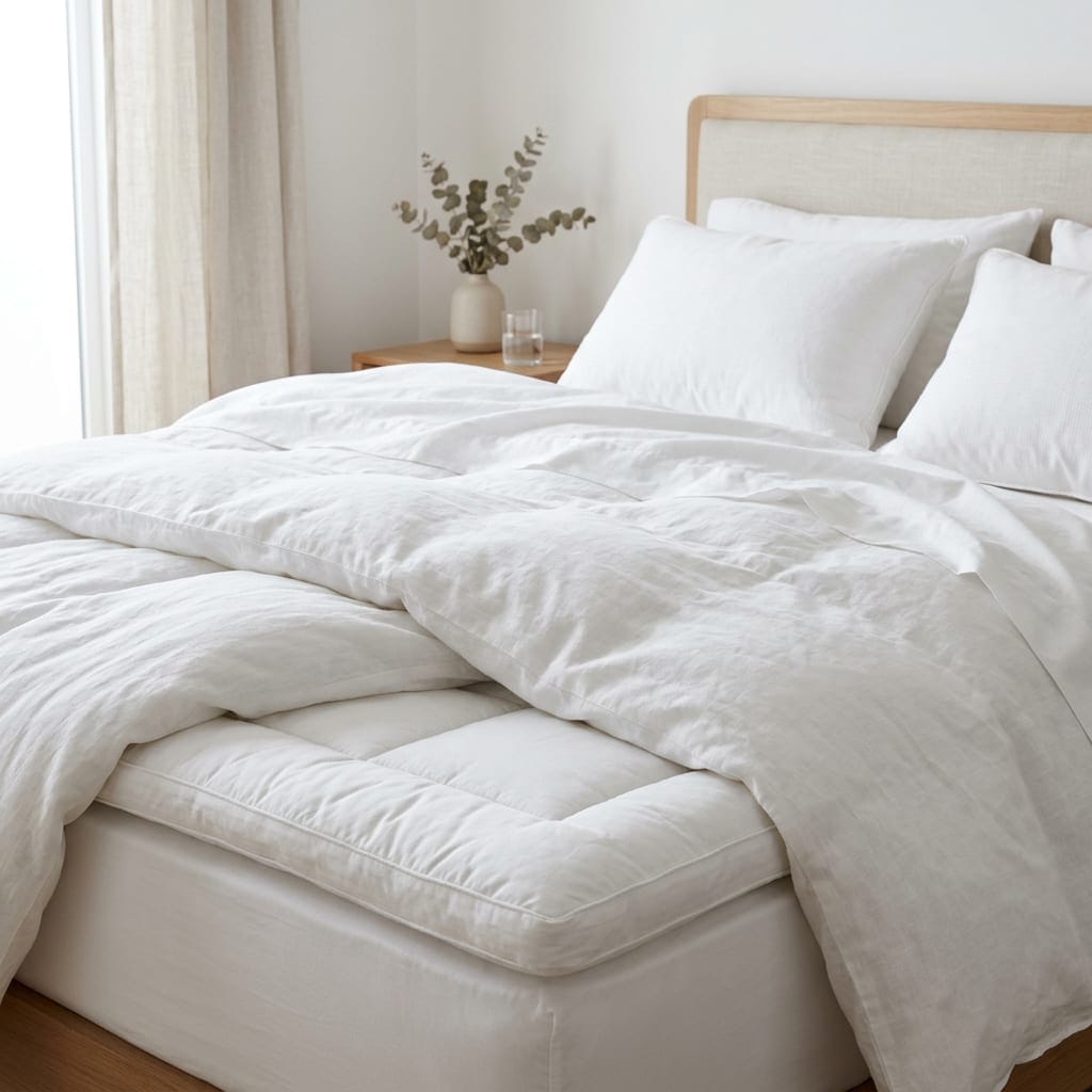 Bed made up with white bedding and pillows